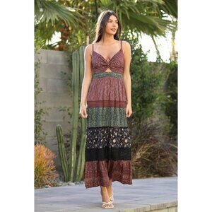 Angie Sage Wine Black Mixed Print Lace Trim Twist Front Cut Out Maxi Dress